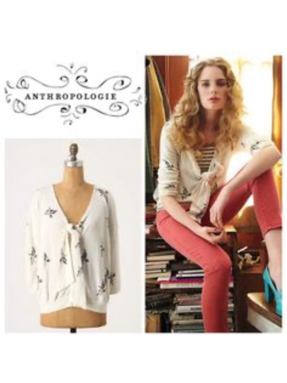 Anthropologie Field Flower cardigan Cream Sweater tie front birds sz xs
